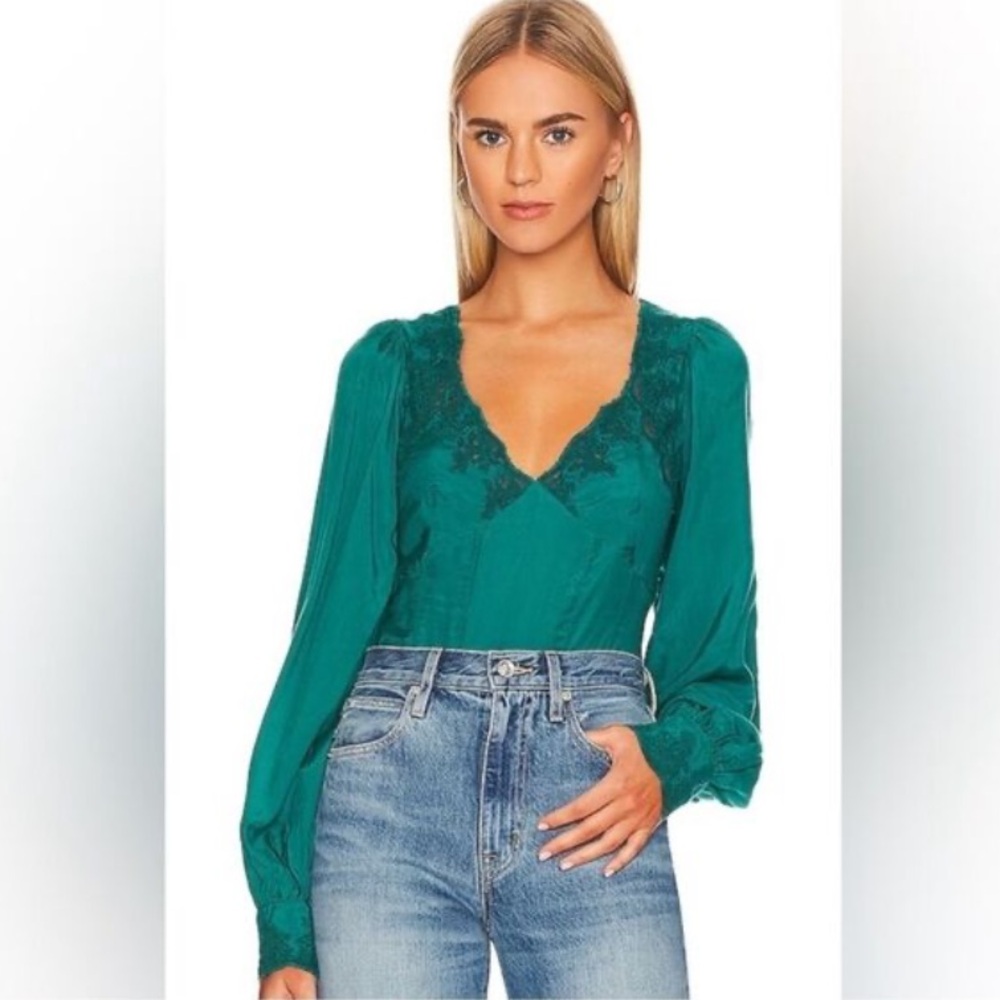 Free People lace trim smocked back emerald green blouse small